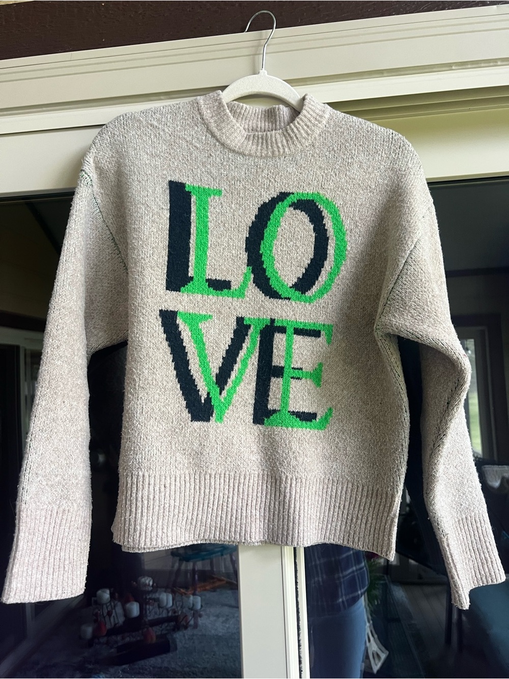 a new day Beige Knit Sweater with Green & Navy Lettering